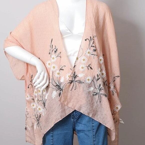 Embroidered Spring Daisy Woven Kimono Wrap Shawl Boho Floral Peach - Picture 1 of 3